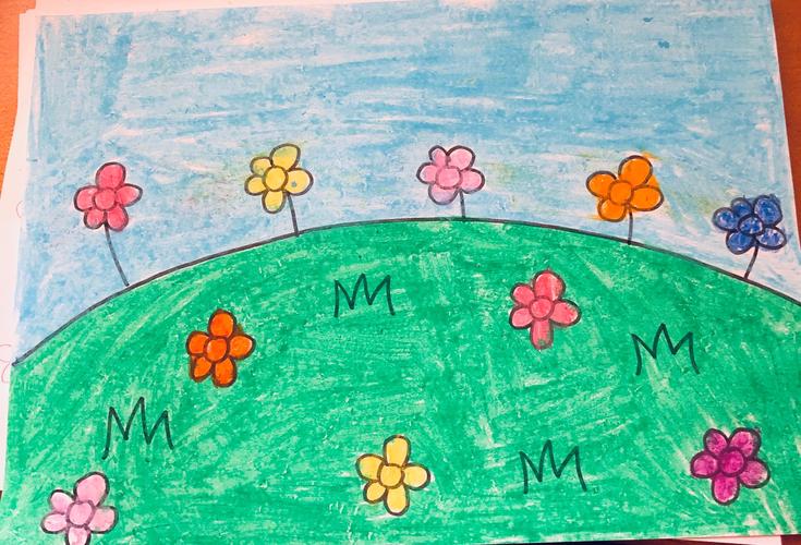 幼儿园油画棒作品-幼儿园油画棒作品草地上的小花